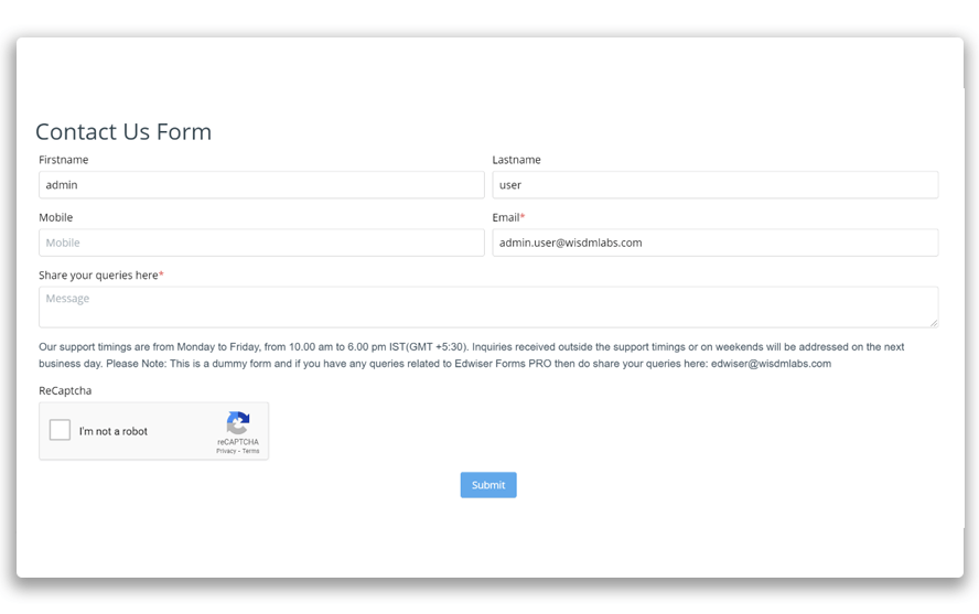 New visitors and existing users might have some queries related to the courses and your platform in general. A contact form gives your users an easy way to connect with you and a convenient option to message their concerns right away.