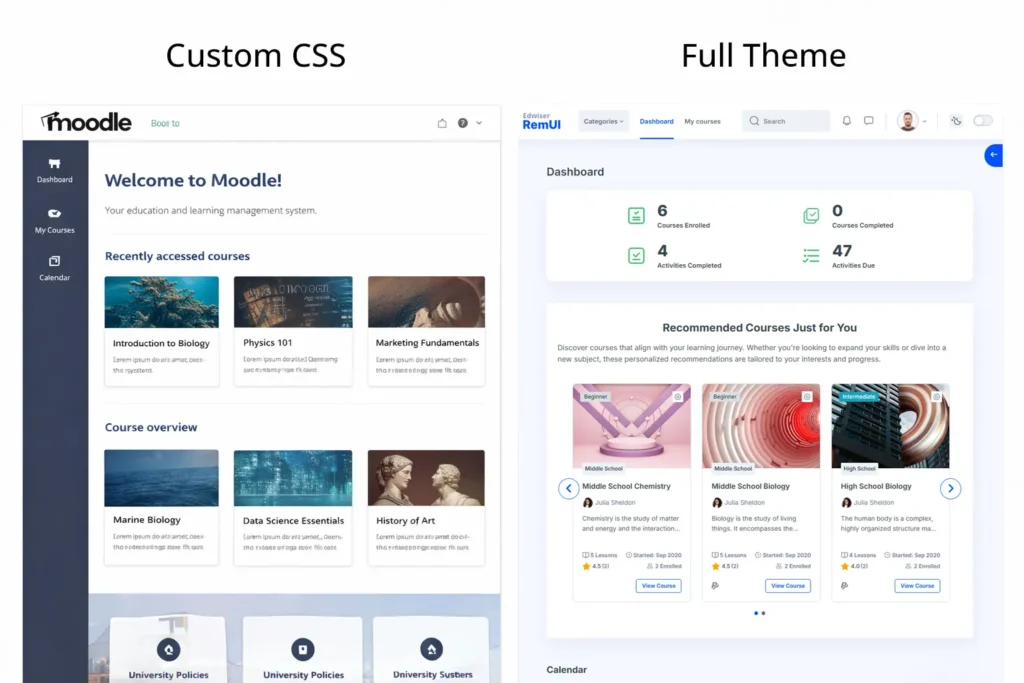 Comparison of a corporate Moodle site using a premium theme versus the default Boost theme with minor CSS changes
